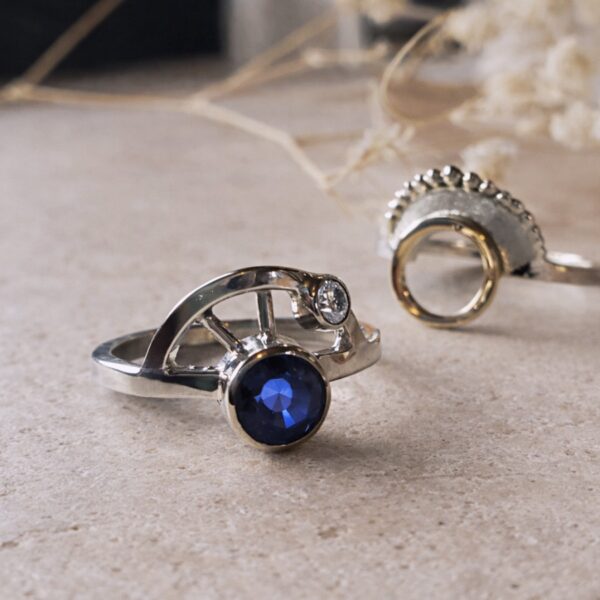 Solar Eclipse Ring Set in sterling silver with sapphire and moissanite accents