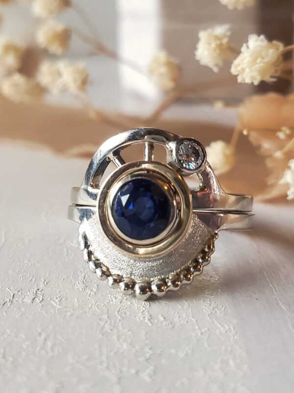 Solar Eclipse Ring Set in sterling silver with sapphire and moissanite accents