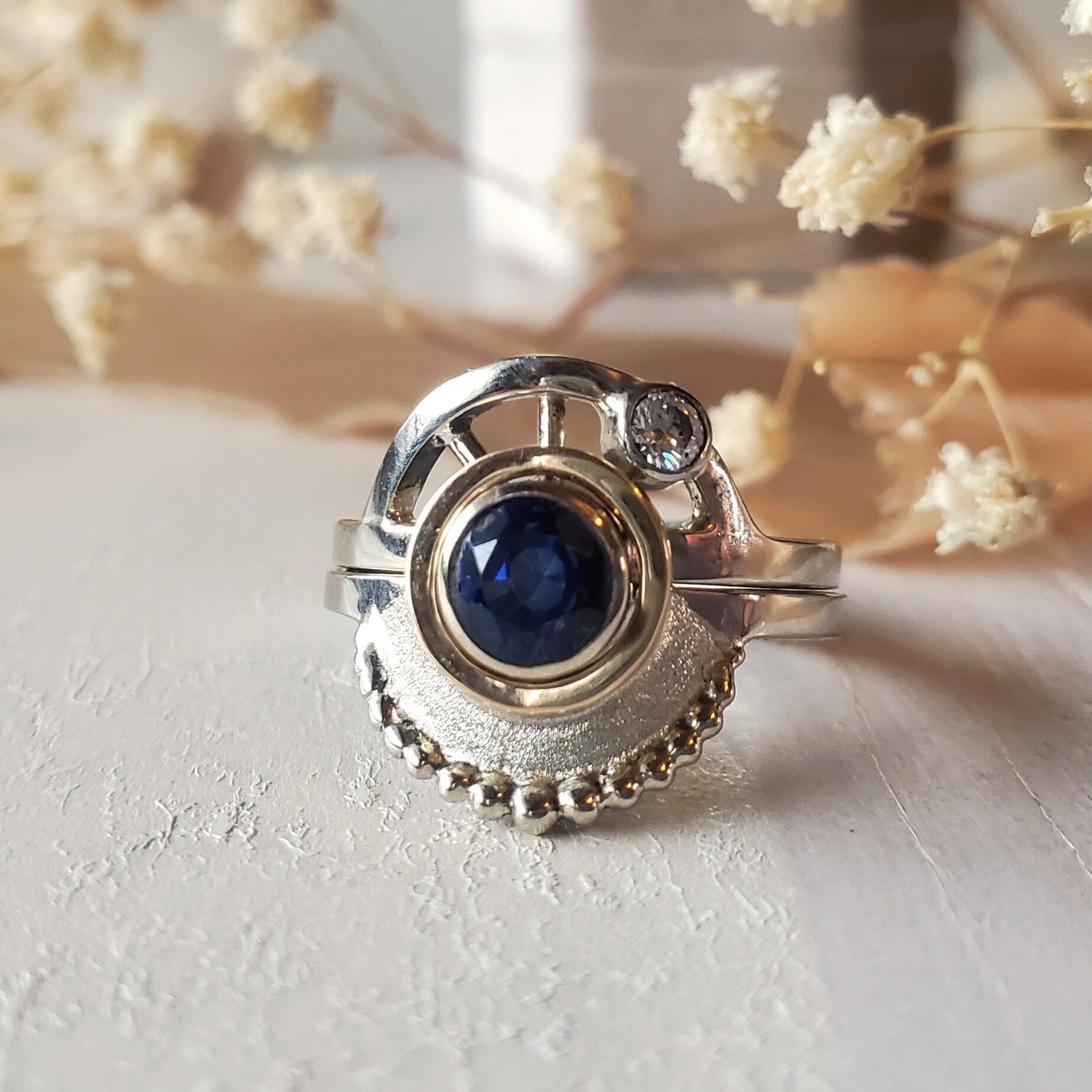 Solar Eclipse Ring Set in sterling silver with sapphire and moissanite accents