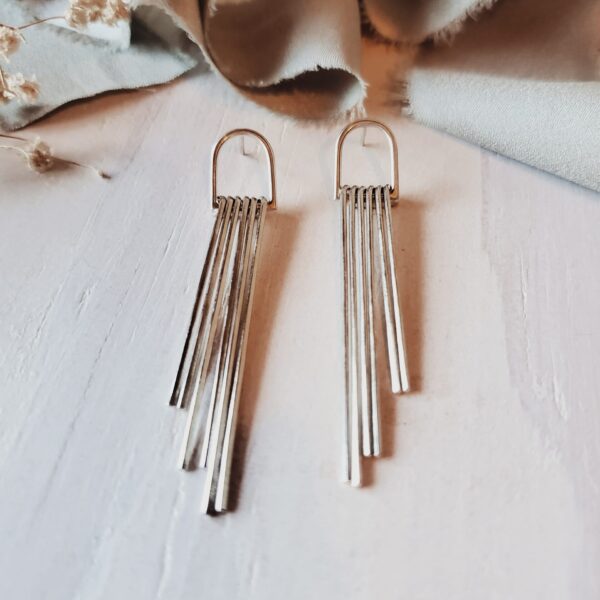 Helena Earrings – sterling silver arch fringe earrings with cascading bars.
