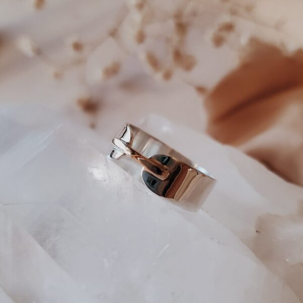 Kindred Wide Bridge Ring in sterling silver, resting on clear crystal with dried florals