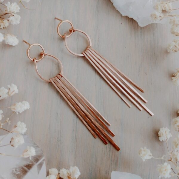 Stella Drop Fringe Earrings in 14k gold with circle post, horseshoe arc, and five cascading bars, displayed on velvet.